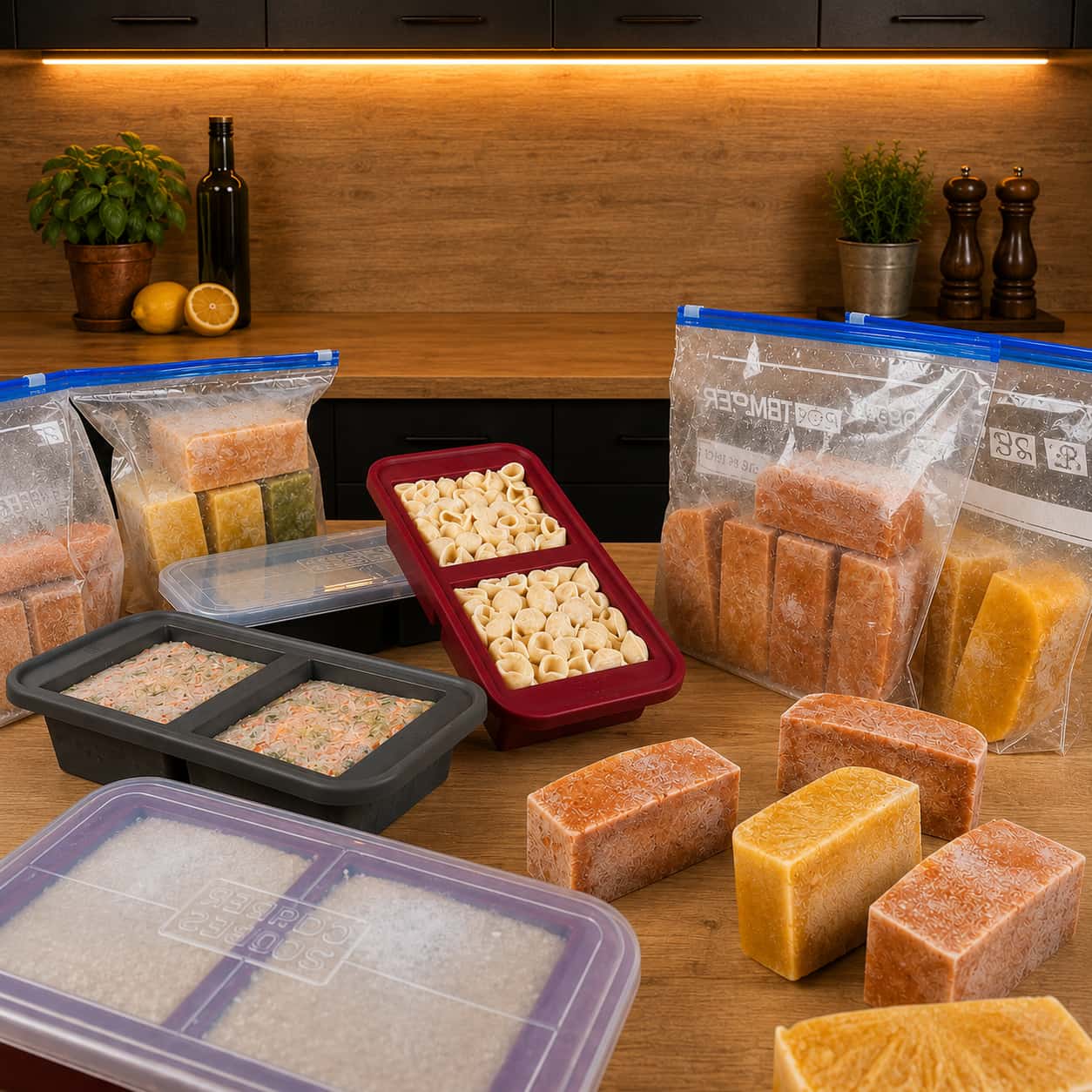 Colorful frozen blocks in silicone molds with a pot of sauce