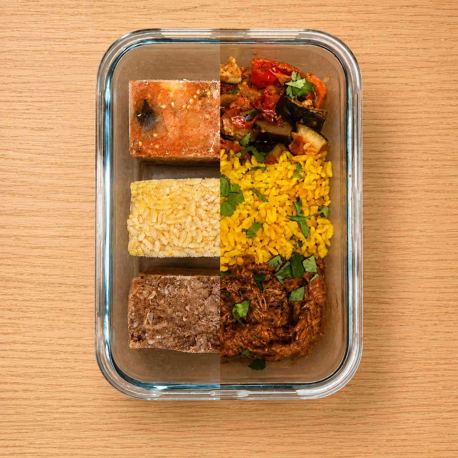 Plated meal assembled from frozen blocks